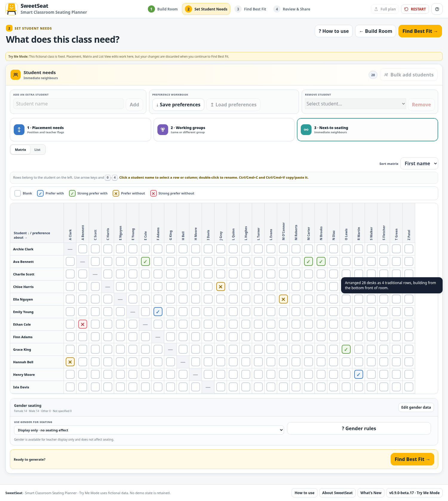 Student Needs matrix screen